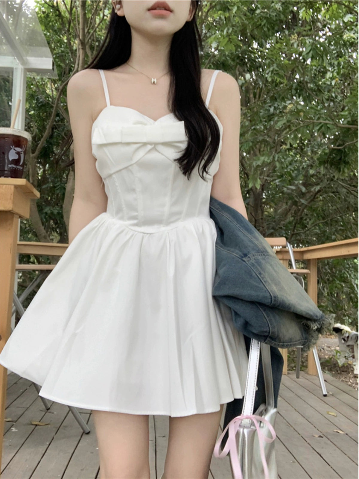 French White Spring Waist-Tight Slim Looking Sling Dress